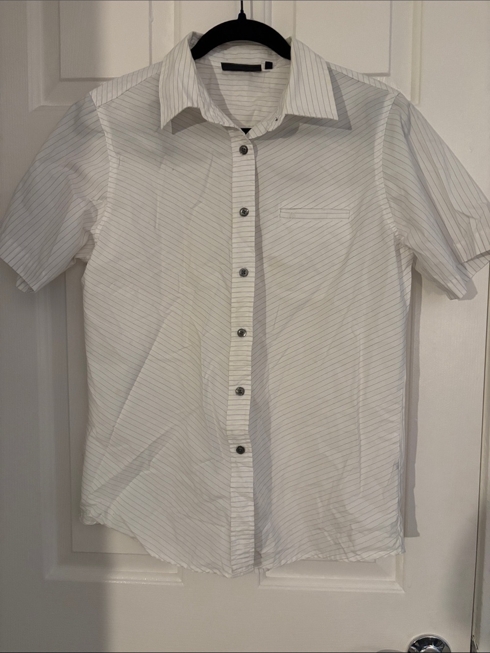 McDonald's White Short-Sleeve Button-Down Shirt with Fine Gray Stripes